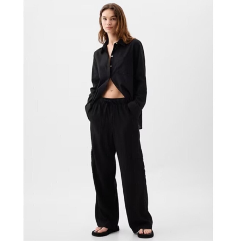 NWT Gap Linen Cargo Pull On Wide Leg Black Mid Rise Draw String Pants Sz XXL